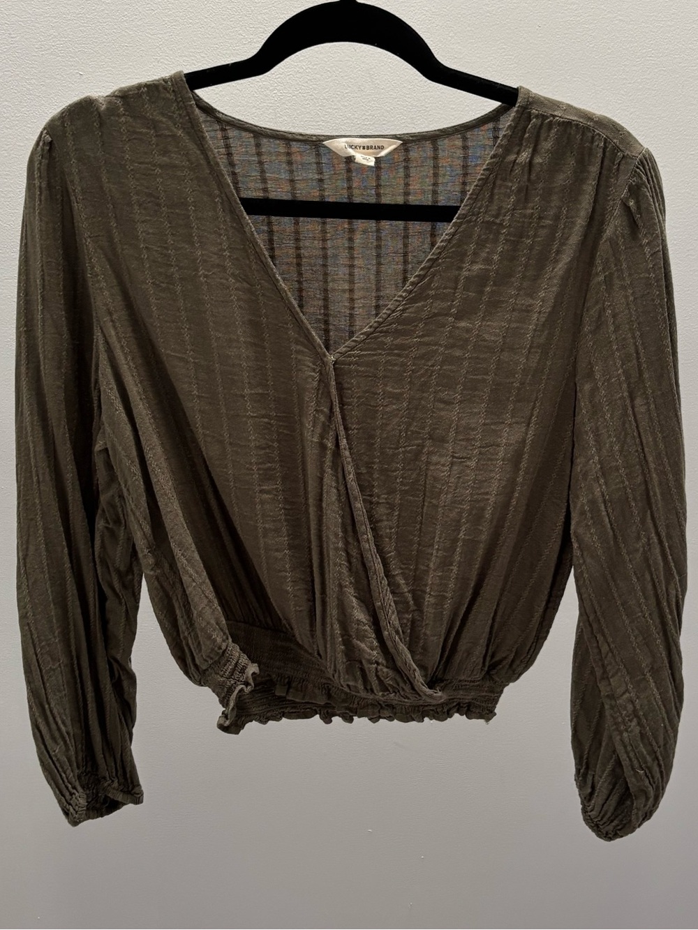 Lucky Brand Olive Green Wrap Smocked Hem Blouse